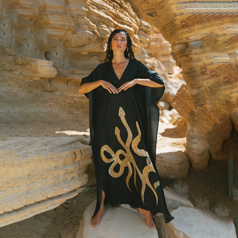Dame Maxi-kjole med unikt slangemønster Skovae
