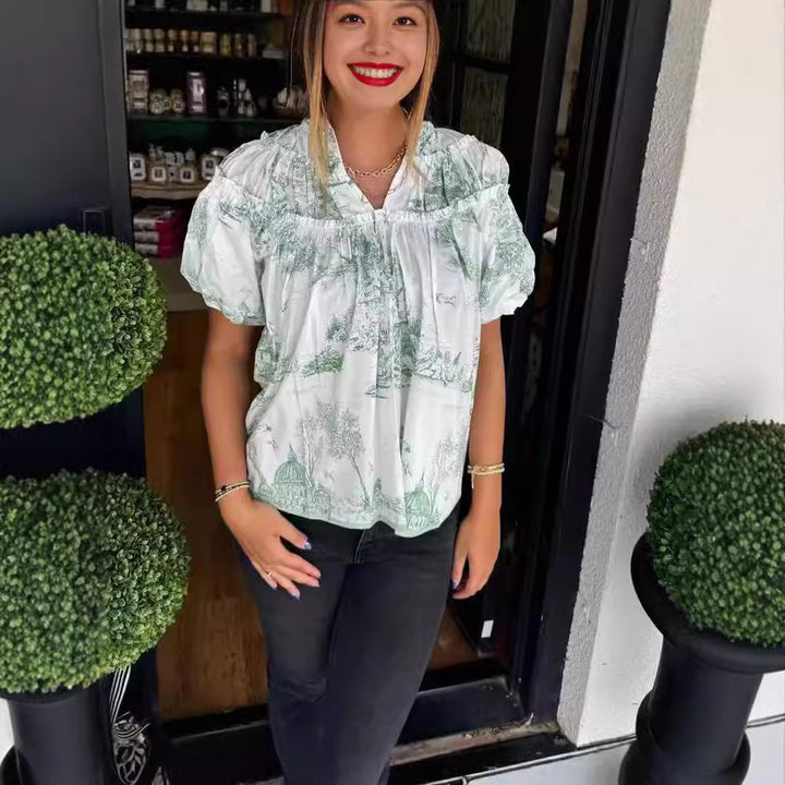 Damer Vintage Bomuldsbluse med grafisk tryk Stilla