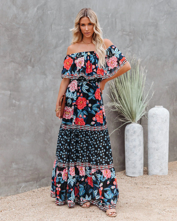 Dame Off-Shoulder Maxikjole med floral design og voluminøse ærmer Stilla