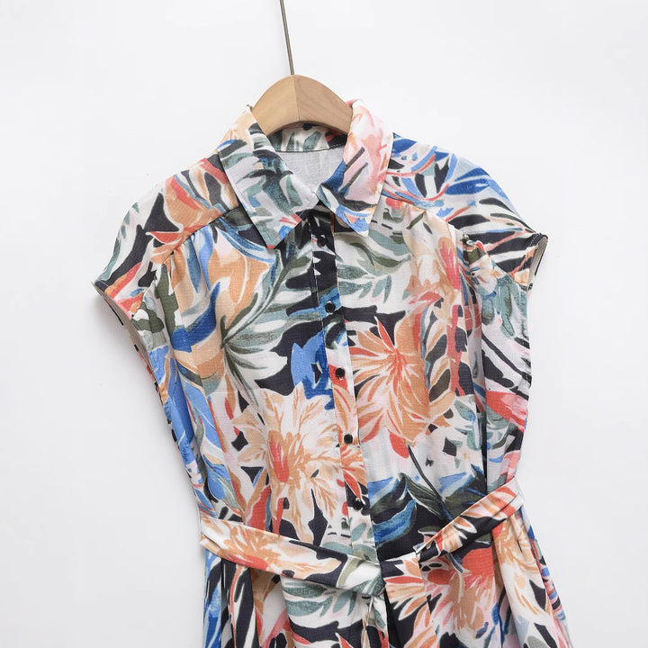 Femme Stribet Floral Midi Kjole med Bælte Stilla