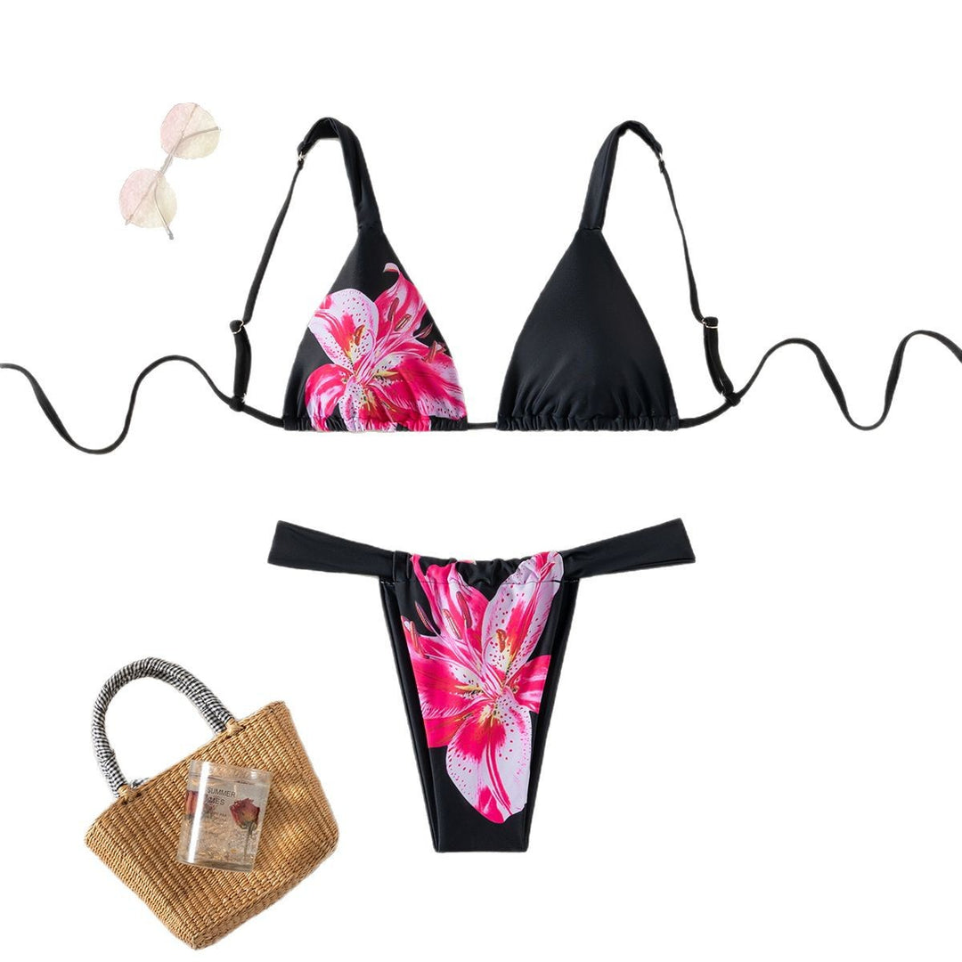 Dame triangel-bikini med blomsterdesign og justerbare stropper Skovae