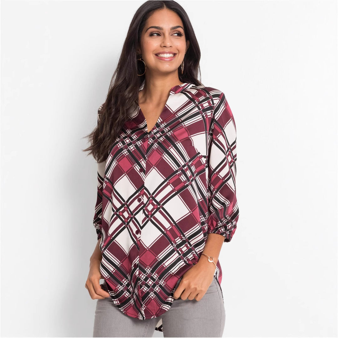 Dame Elegant Rutig Tunika Bluse Stilla