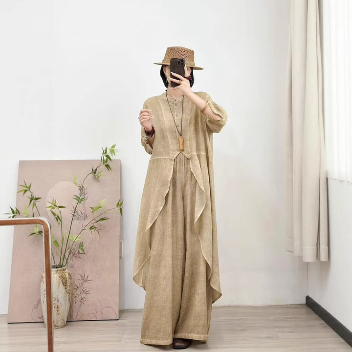 Damer Udstillet Linned Maxikjole med Asymmetrisk Kant Stilla