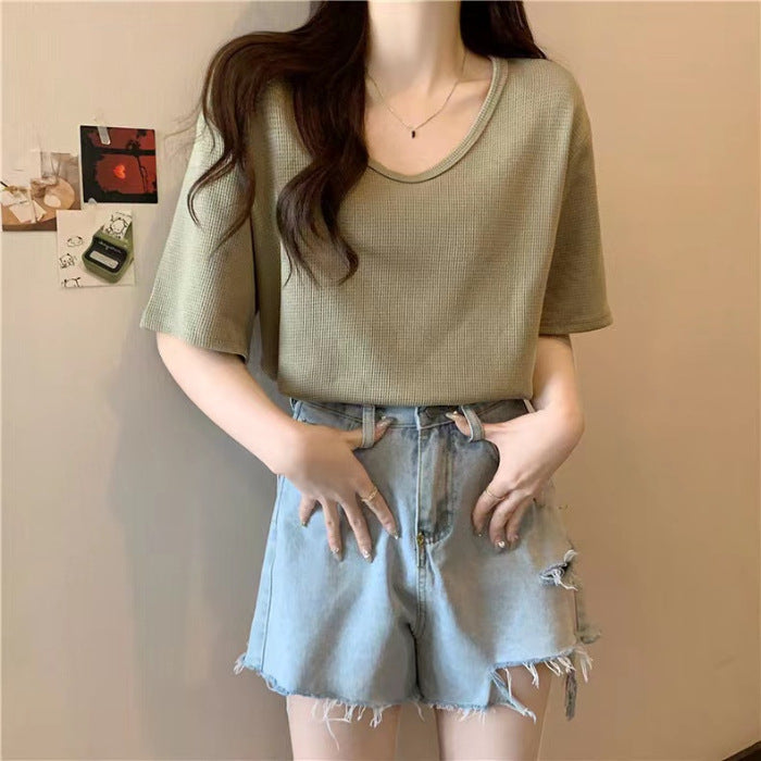 Dame Relaxed Fit Vaffelstrik T-Shirt Stilla