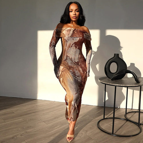 Kvinder Off-Shoulder abstrakt Midi Kjole Stilla