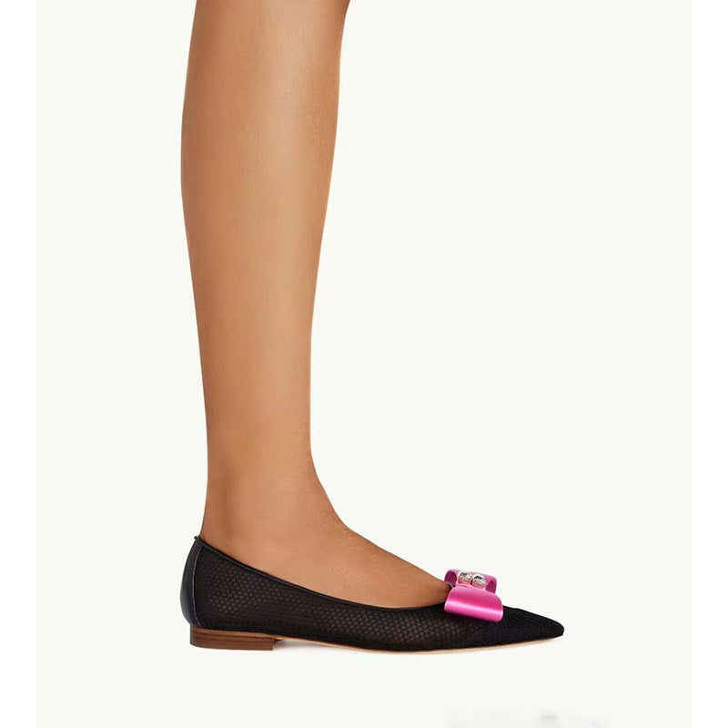 Dame elegante mesh spids tå ballerinaer med satin sløjfe detalje Stilla