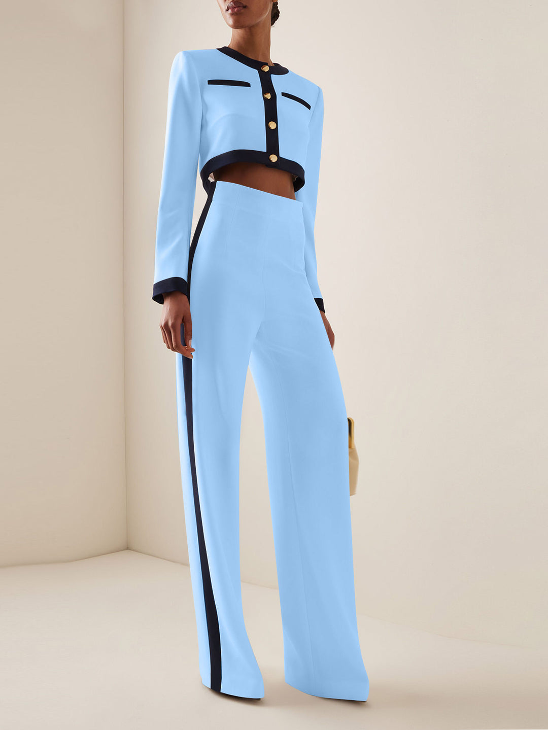 Dame elegant cropped blazer sæt med vidde bukser og gyldne knapper Stilla