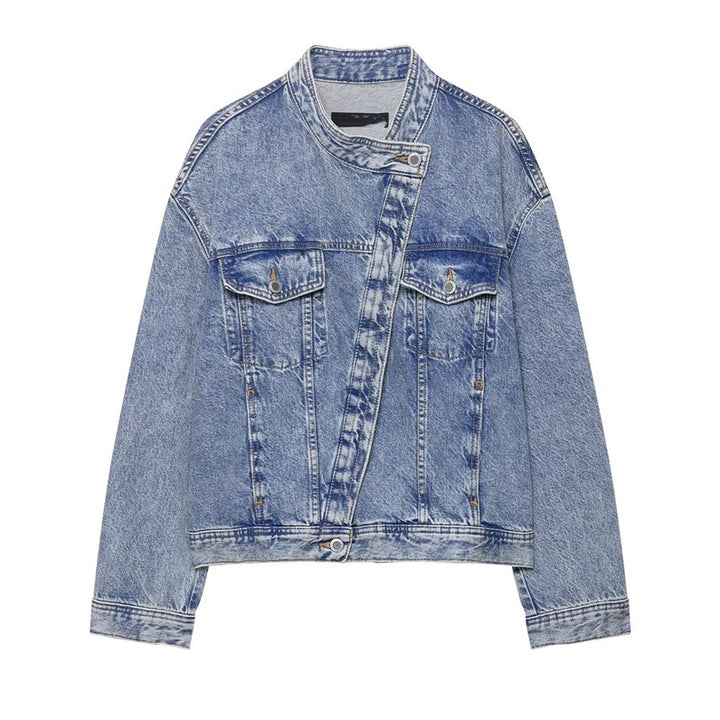 Kvinders designermelerede denimjakke med asymmetrisk snit og praktiske lommer Stilla
