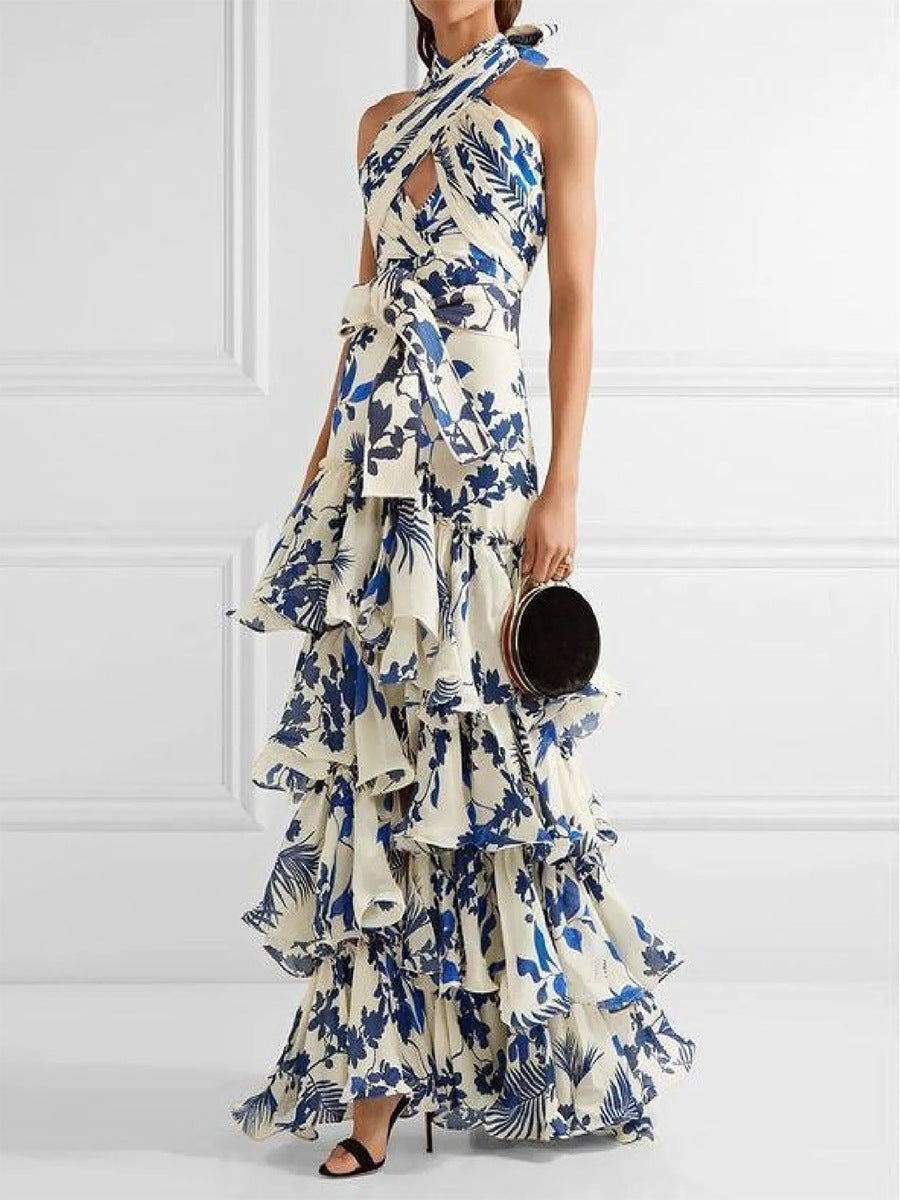 Dame maxikjole med blomsterfringe detaljer og elegant omslag top Stilla
