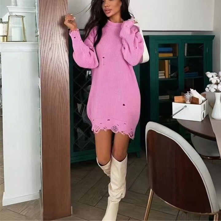 Dame Oversized Strik kjole med afslappet, frynset kant og moderne ribmønster Stilla