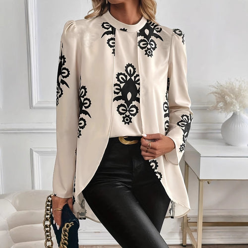 Femme Elegante Langærmet Bluse med komplekst Blomsterdesign Stilla