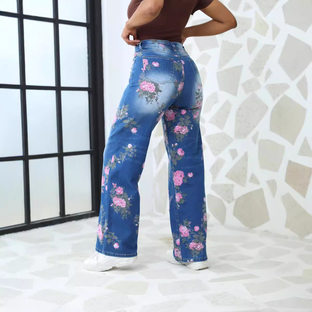 Dame bredtsnit jeans med blomsterprint Stilla