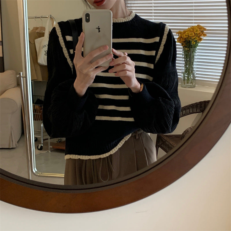 Kvinders stribede sweater med pufærmer og ribdetaljer Stilla