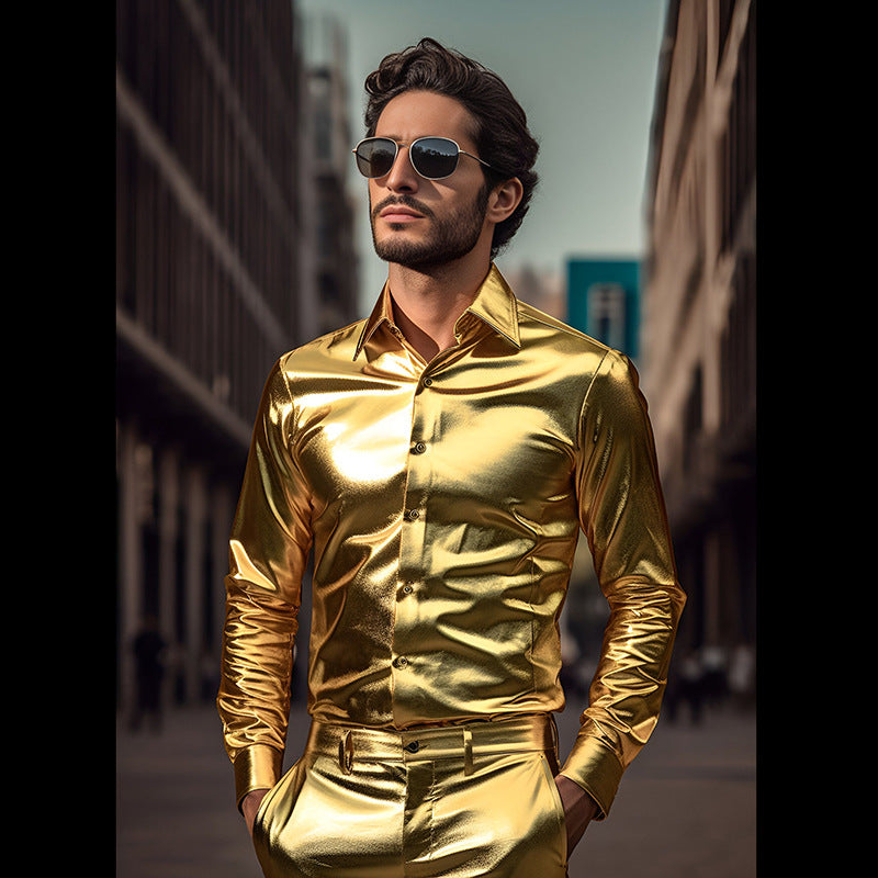 Herrer Shiny Metallic Knop-bra Shirt Stilla