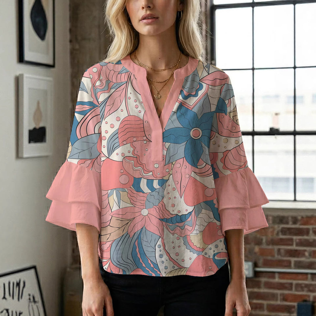 Dame blomsterkreation med voluminøse flæseærmer Skovae