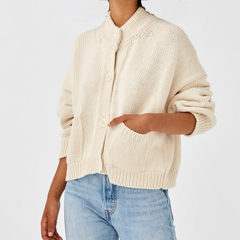 Dame Oversize Strikjakke med Ståkrave og Store Knapper Stilla