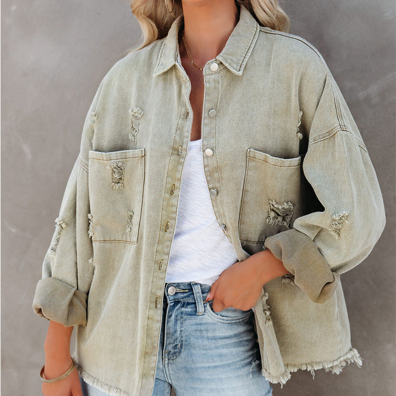 Dame Oversized Jeansjakke med distressed detaljer og lommer Stilla