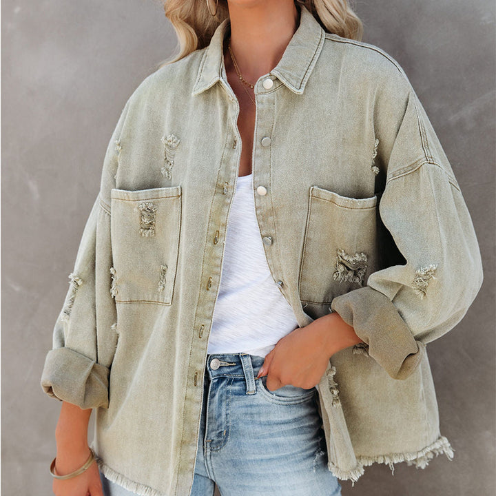 Dame Oversized Jeansjakke med distressed detaljer og lommer Stilla