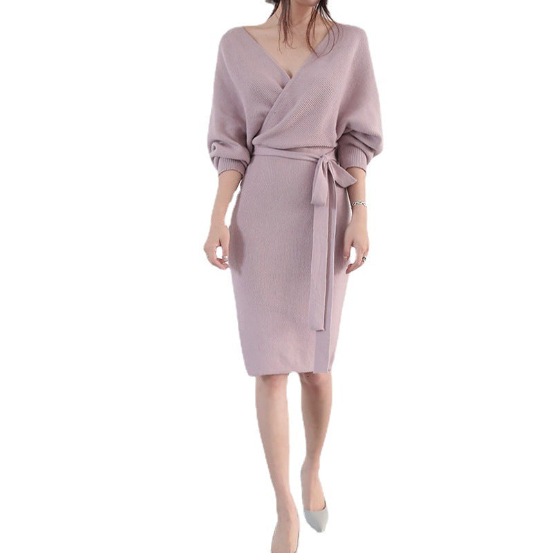Femme V-hals-strik-midi-kjole Stilla