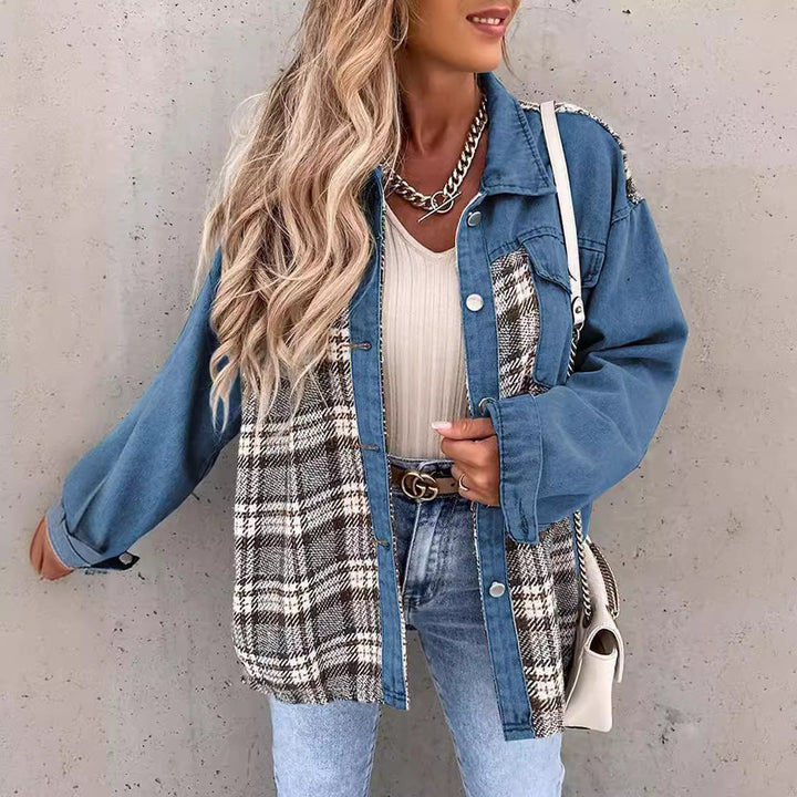 Dame Oversized Jeansjakke med ternet mønster og knapdetaljer Stilla