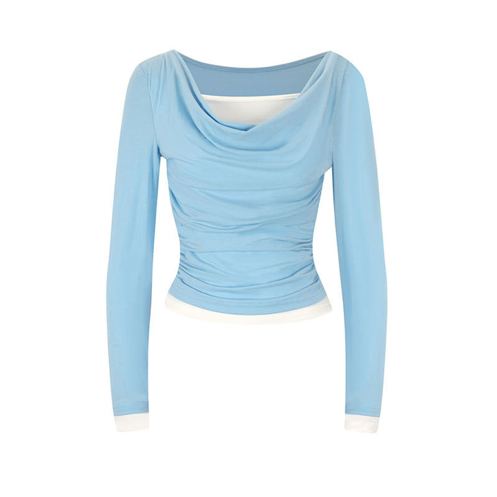 Dame figursyet longsleeve med elegant rynkeeffekt og dyb udskæring Skovae