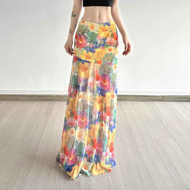 Dame Maxi-nederdel med floralt chiffon-design og svajende kant Skovae