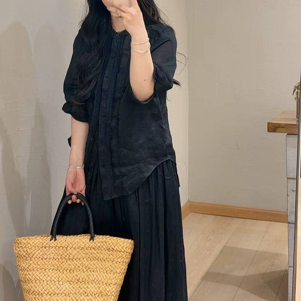 Femme Knappet Op Kontrast Struktureret Bluse Stilla