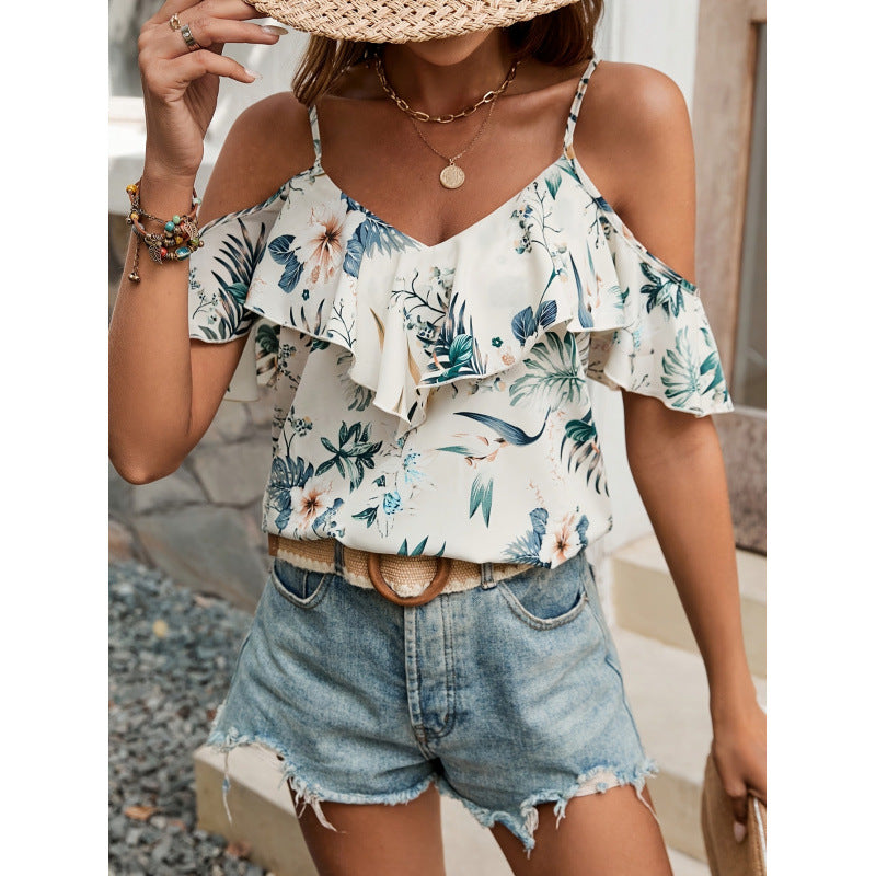 Femme Blomster Off-Shoulder Bluse med Rüschendetails Stilla