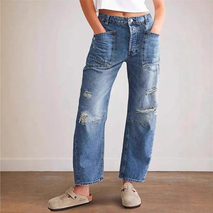 Dame brede jeans med kreative lommer og slidte detaljer Skovae