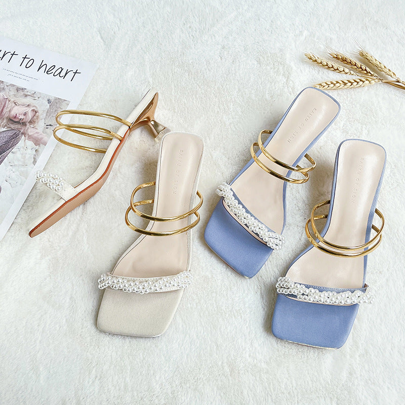 Femme Elegante Perleprydede Slide Sandaler med Blokhæle Stilla