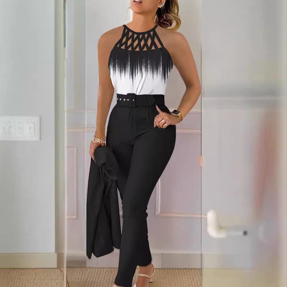 Dame Stilig Bluse med Netstropper og Elegant Bukser Skovae