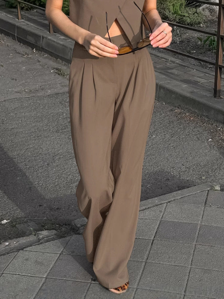 Dame trendy cropped top med asymmetrisk snit og bredskårne højtaljede bukser Stilla