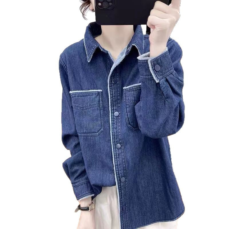 Dame afslappet denimbluse med kontrasterende krave Stilla