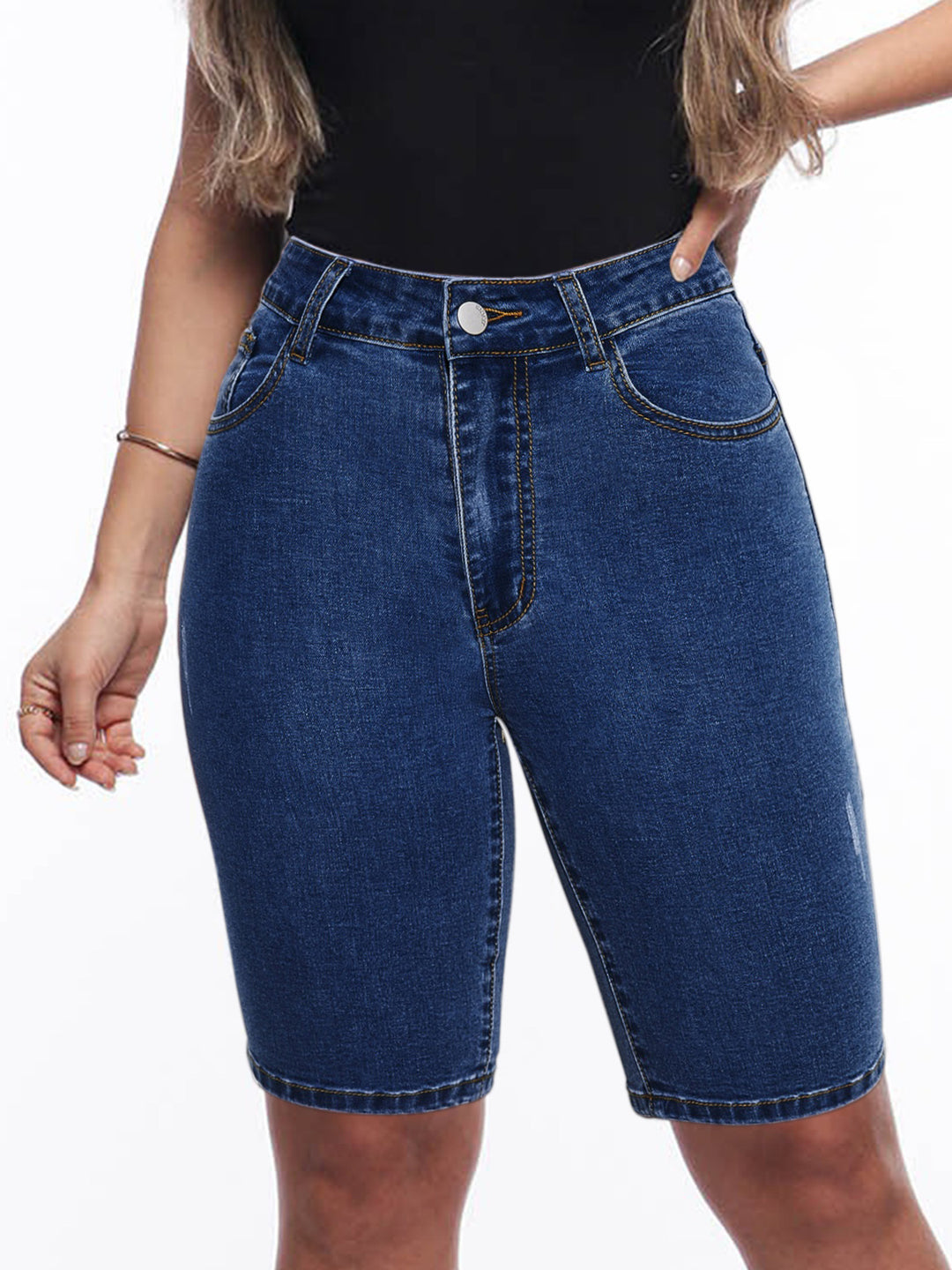 Dame højkvalitets denim-shorts med høj talje og tætsiddende snit Stilla