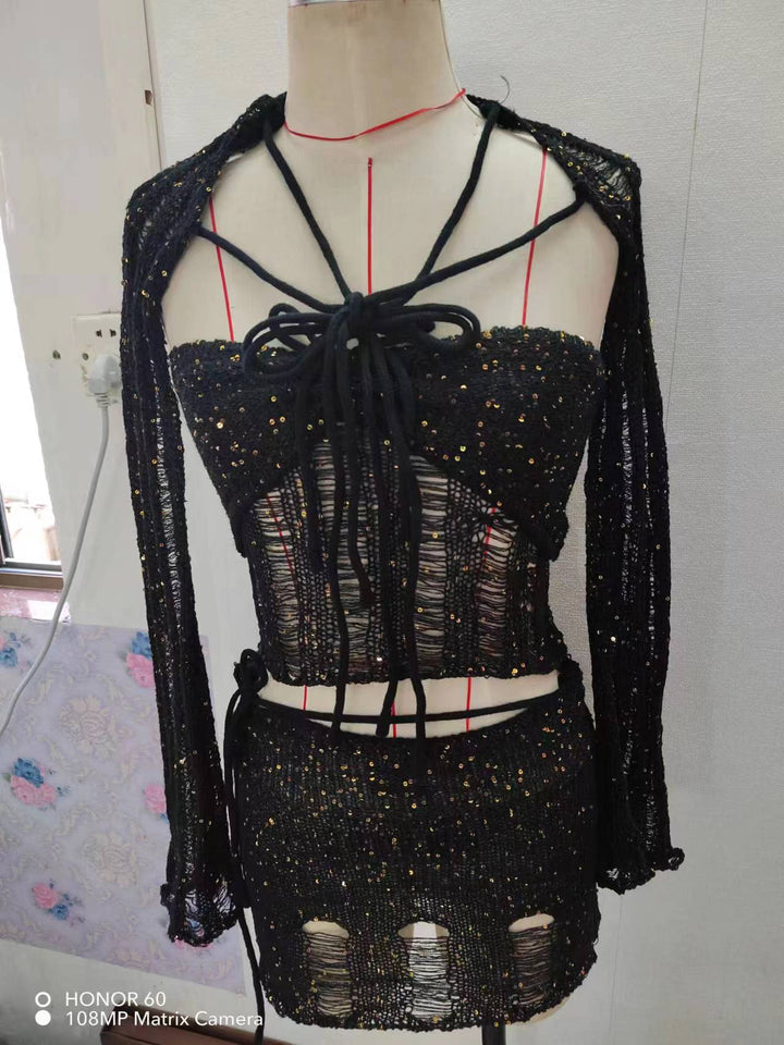 Dame Crop-Top med glitrende pailletter og lange bånd Stilla