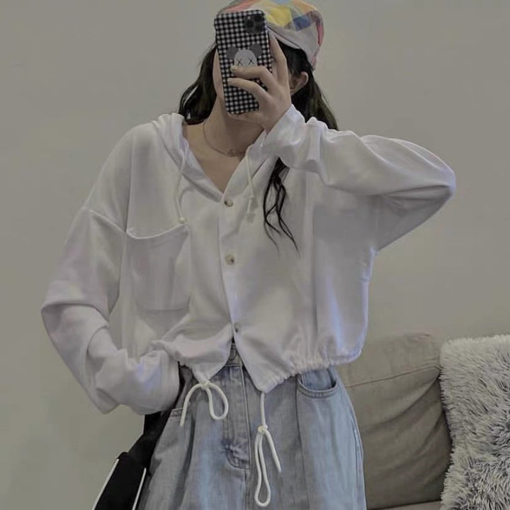 Damer Polstret Button-Up Hoodie med Snøre Stilla