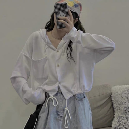 Damer Polstret Button-Up Hoodie med Snøre Stilla