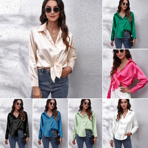 Dame Elegant Satinbluse med moderne snit og knaplukning Stilla