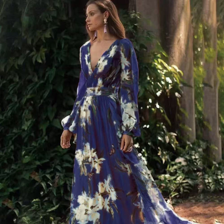 Dame Maxikjole i gennemsigtig chiffon-look med floral mønsterblanding og voluminøse ærmer Stilla