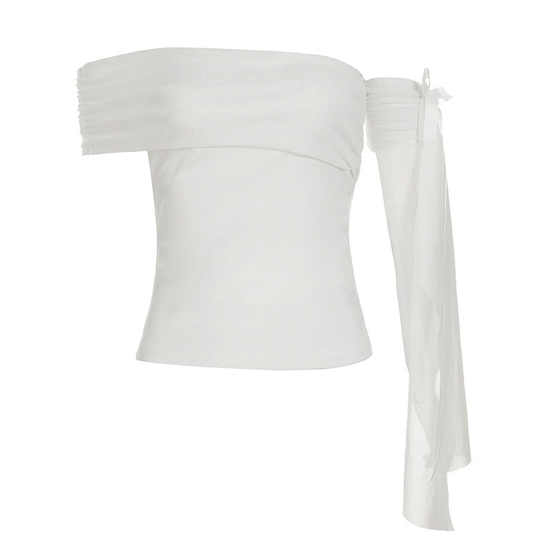 Dame Off-Shoulder Top med ruffle detaljer og gennemsigtig ærme Skovae