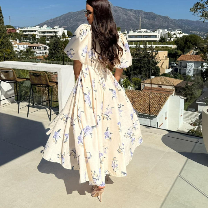 Dame Floral Print Maxi Kjole med Puffærmer Stilla
