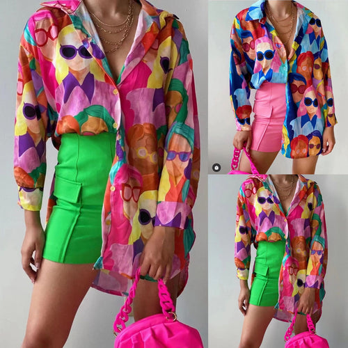Dame Oversized Bluse med farverige illustrationer Stilla