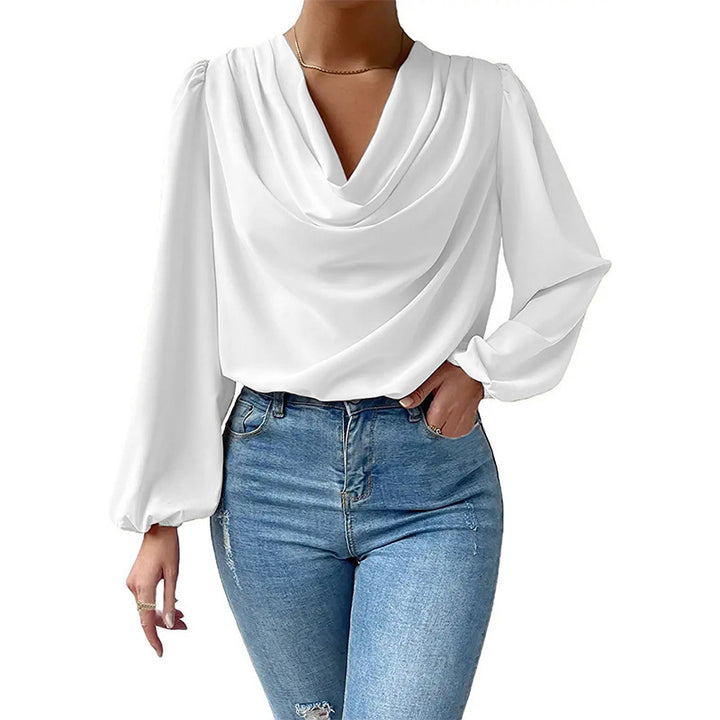 Damebluse med vandfaldskrage og lange ærmer Stilla