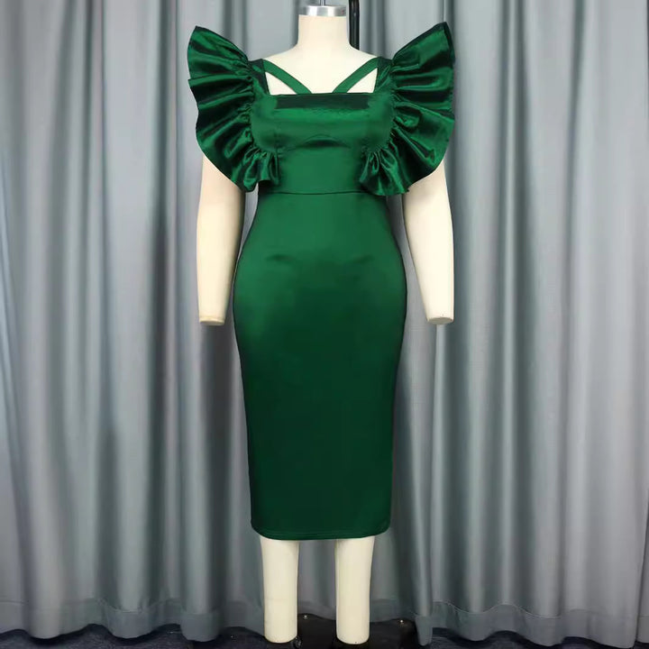 Dame Elegant Midi kjole med voluminøse pufærmer Skovae