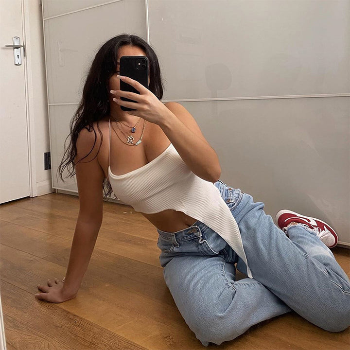 Damer asymmetrisk Crop-Top med fint ribdesign og dyb udskæring Skovae