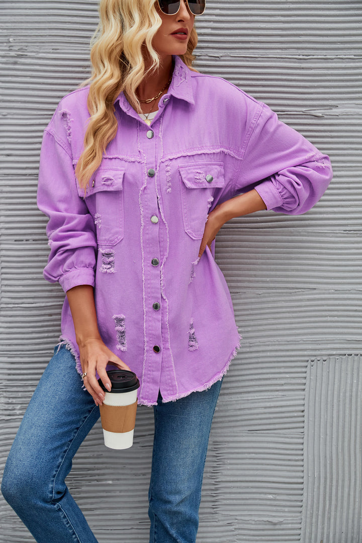 Dame Oversized Denim-Skjortejakke med frynse-detaljer Stilla