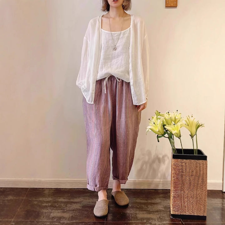 Femme stribede løse linned-Culottes Stilla