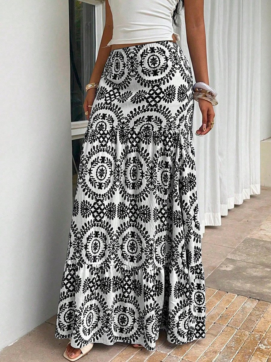 Dame maxiskørt med blomstermønster og volant Skovae