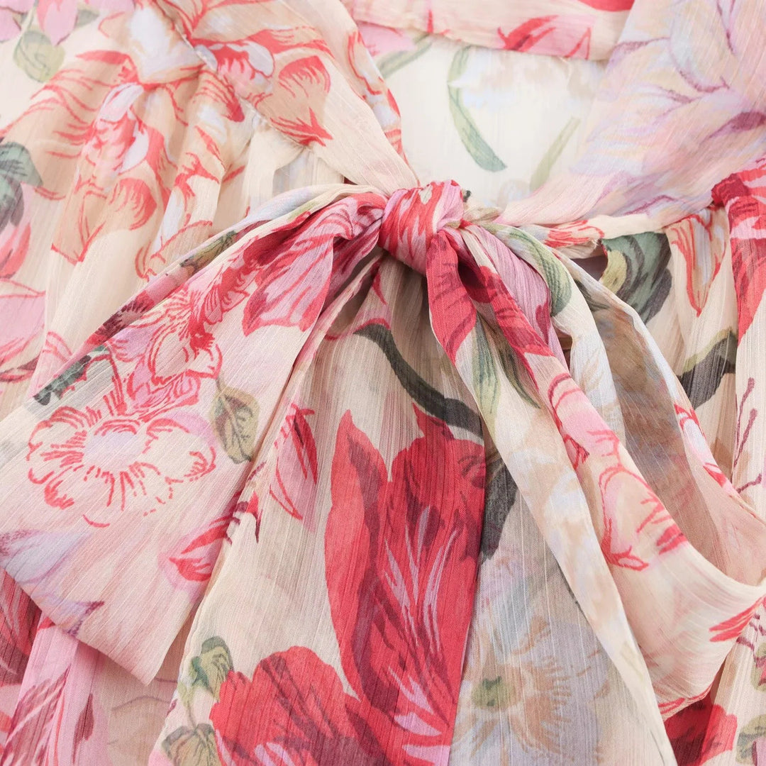 Femme Elegantes Floral Print Maxikjole med Bælte Stilla