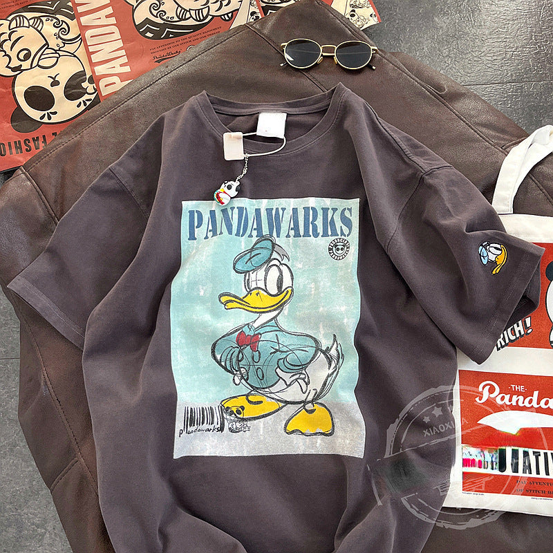 Dame T-shirt i vintage-look med kreativt cartoon-tryk Stilla